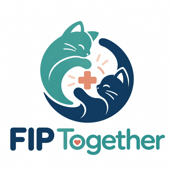 FIP Together logo: two cats curled together around a care symbol